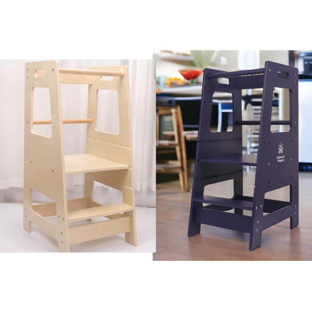 [Plus a Gift] Child Standing Tower Kids Kitchen Step Stool Toddler Wood Stepping Stool - Learning tower -Children's Montessori Stool - Nature wood and Navy Blue