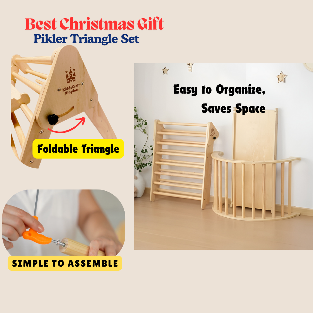 [Plus a Gift] Pikler Triangle Set with a Climbing Arch, and a double-sided Ramp. Foldable Triangle Wood