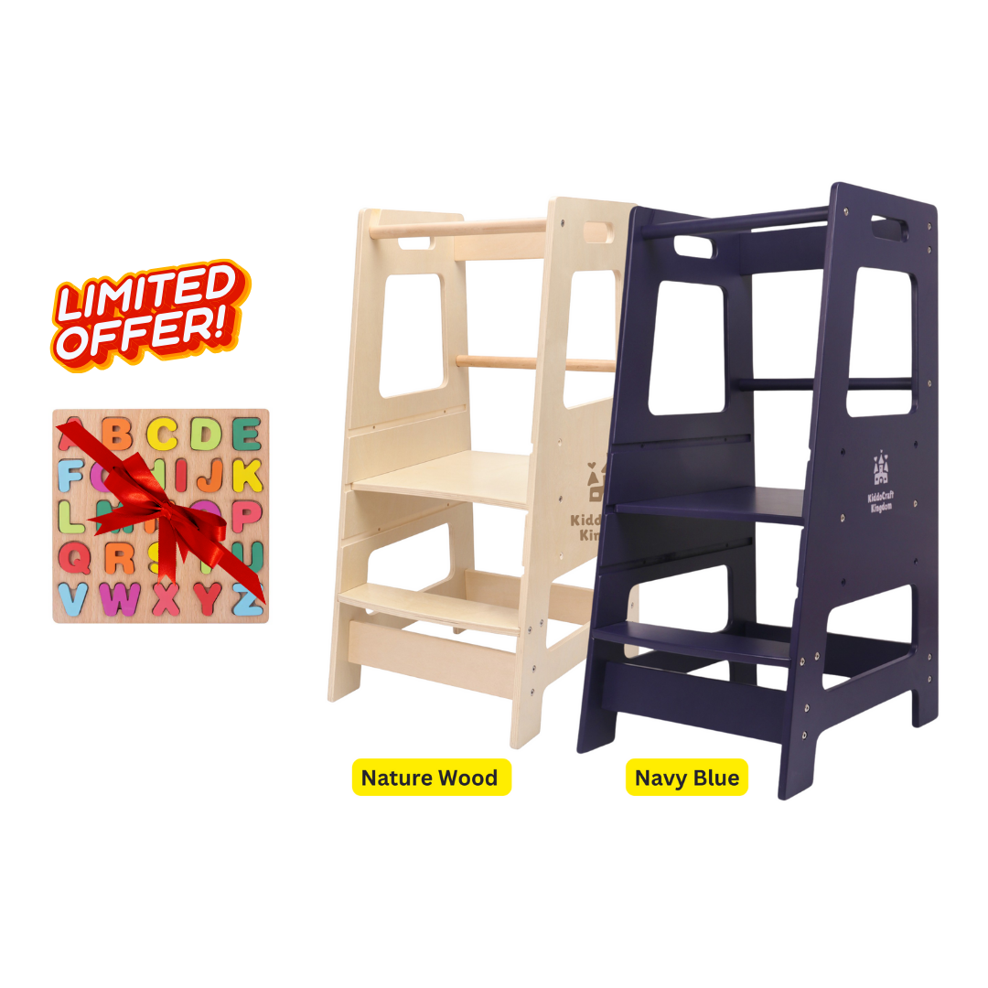 [Plus a Gift] Child Standing Tower Kids Kitchen Step Stool Toddler Wood Stepping Stool - Learning tower -Children's Montessori Stool - Nature wood and Navy Blue