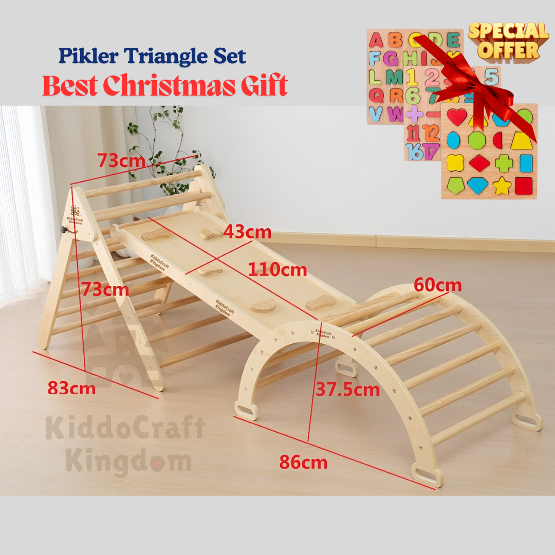 [Plus a Gift] Pikler Triangle Set with a Climbing Arch, and a double-sided Ramp. Foldable Triangle Wood