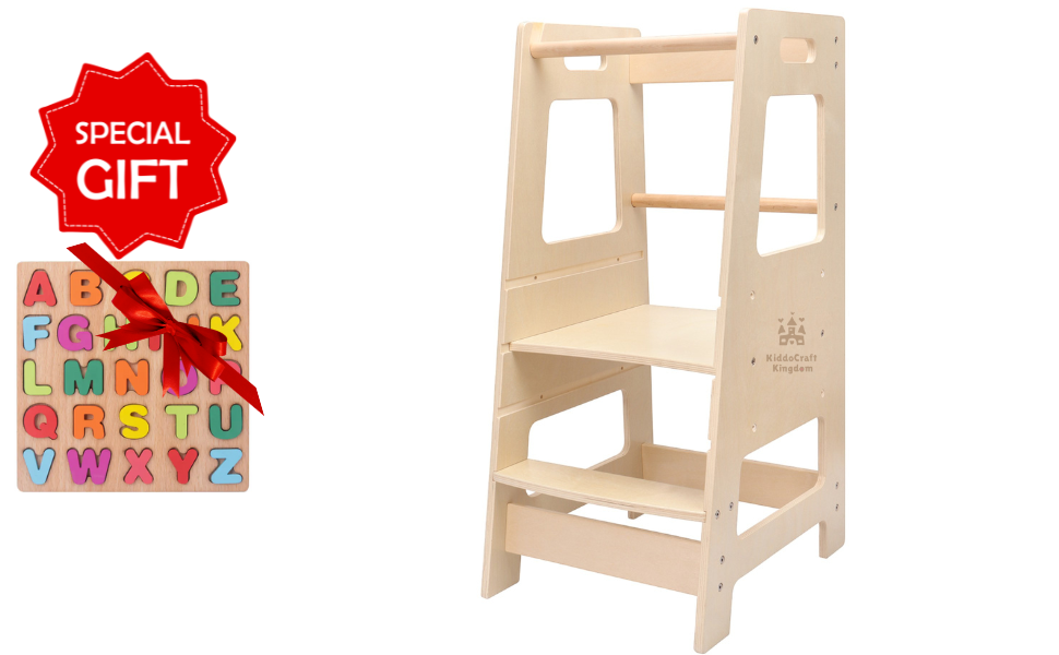 [Plus a Gift] Child Standing Tower Kids Kitchen Step Stool Toddler Wood Stepping Stool - Learning tower -Children's Montessori Stool - Nature wood and Navy Blue