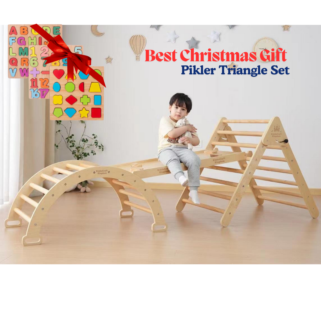 [Plus a Gift] Pikler Triangle Set with a Climbing Arch, and a double-sided Ramp. Foldable Triangle Wood