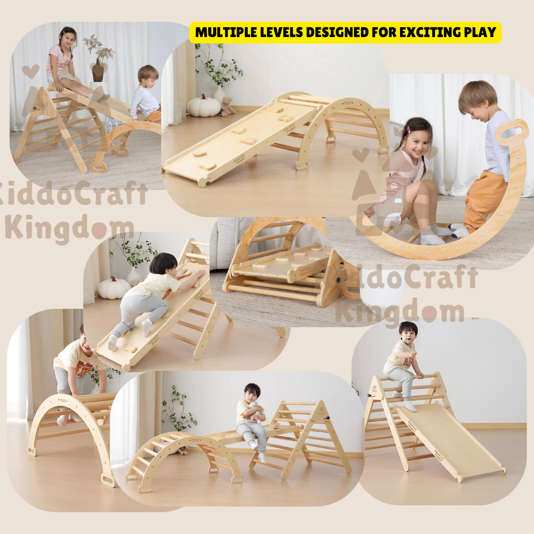 [Plus a Gift] Pikler Triangle Set with a Climbing Arch, and a double-sided Ramp. Foldable Triangle Wood