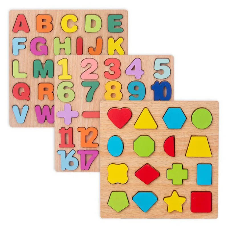 Set of 3 Pack Alphabet Number Geometric Puzzle ABC Learning Toys Montessori Preschool Educational Gift Learning Letter Puzzles Board for Kids 3+