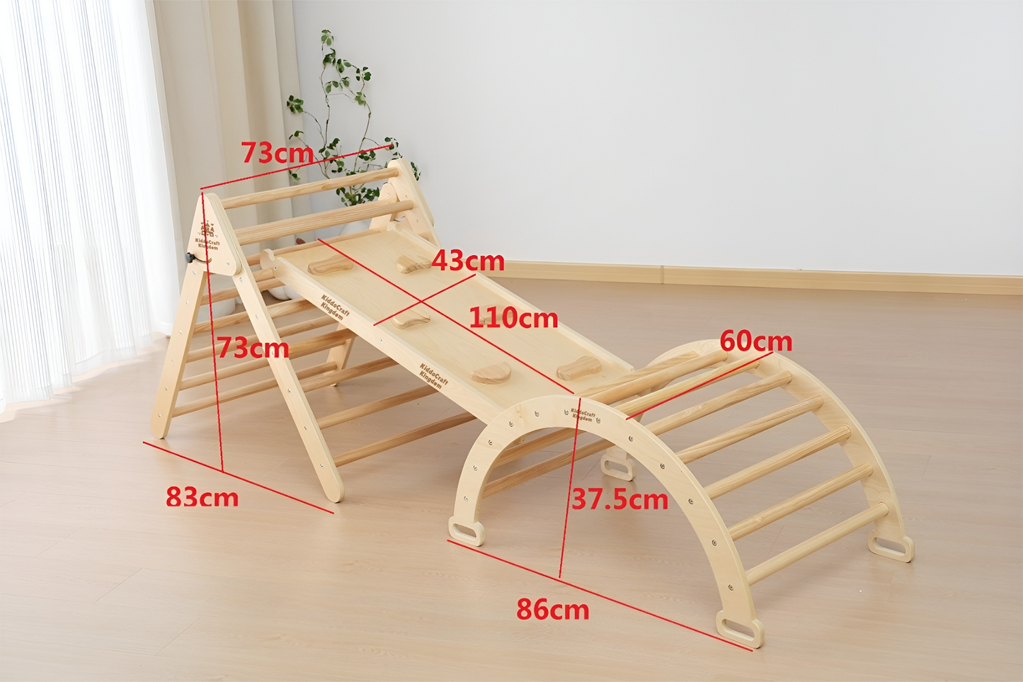 [Plus a Gift] Pikler Triangle Set with a Climbing Arch, and a double-sided Ramp. Foldable Triangle Wood